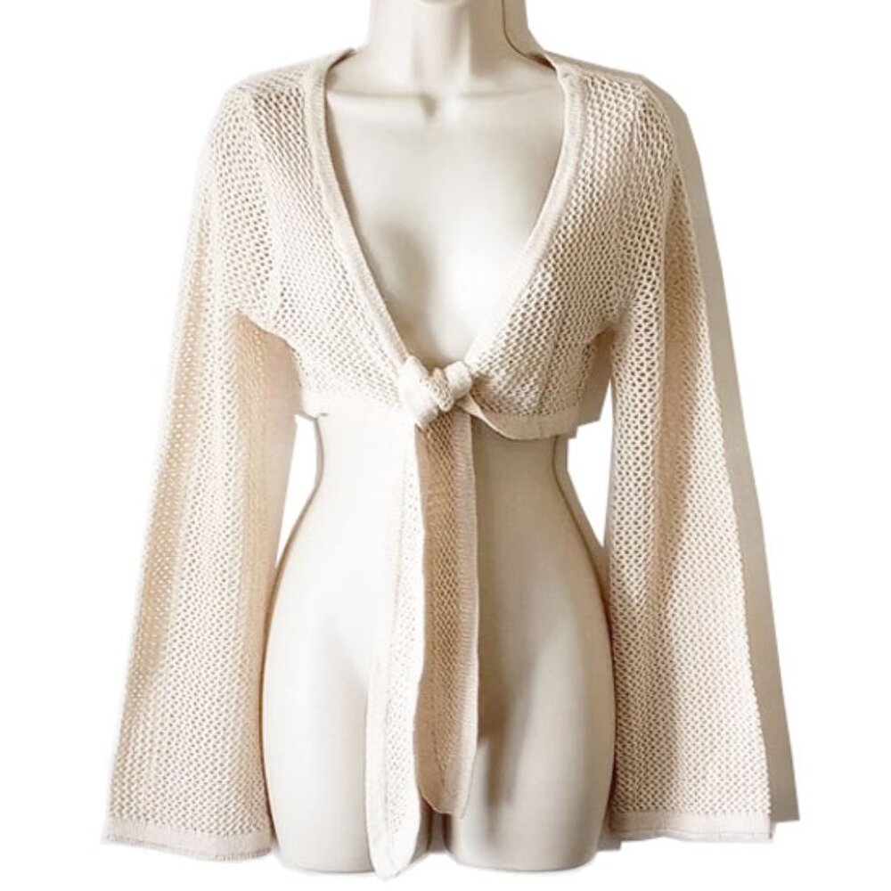 Crochet Flare Long Sleeve Tie-Front Crop Shrug Knit Top Sweater S Cream